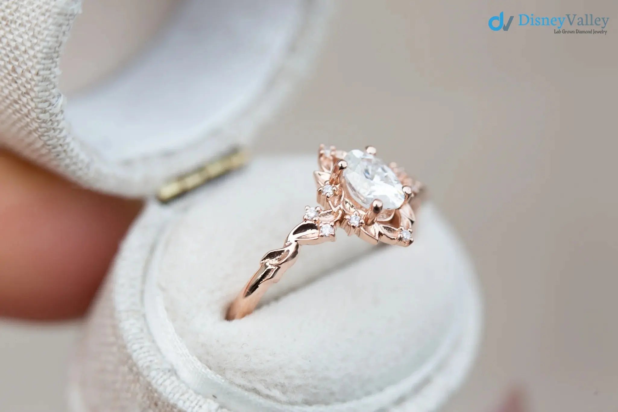 Oval Cut Lab Grown Diamond with Rose Floral Halo wedding rings DisneyValley