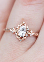 Oval Cut Lab Grown Diamond with Rose Floral Halo wedding rings DisneyValley