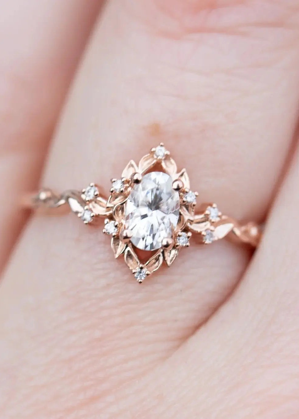 Oval Cut Lab Grown Diamond with Rose Floral Halo wedding rings DisneyValley