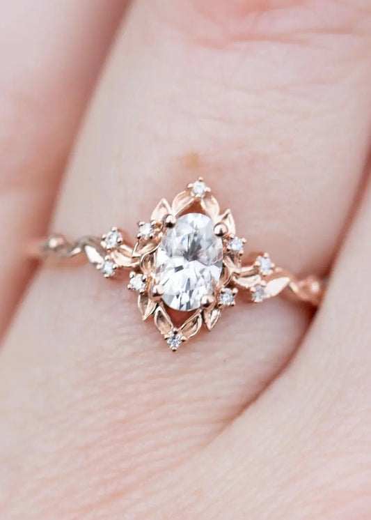 Oval Cut Lab Grown Diamond with Rose Floral Halo wedding rings DisneyValley