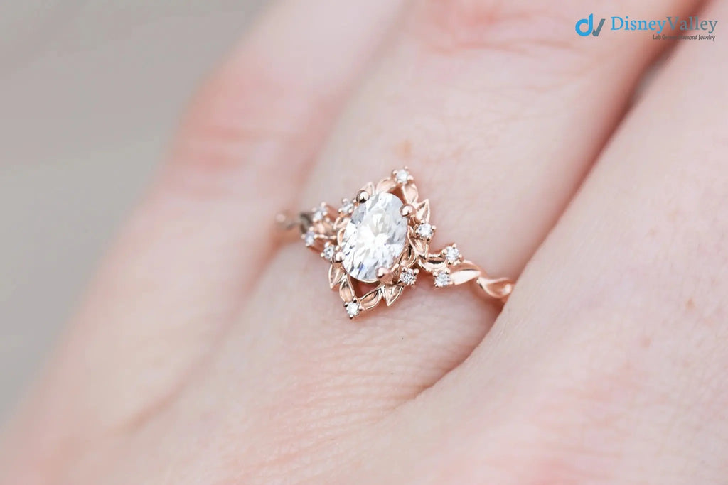 Oval Cut Lab Grown Diamond with Rose Floral Halo wedding rings DisneyValley