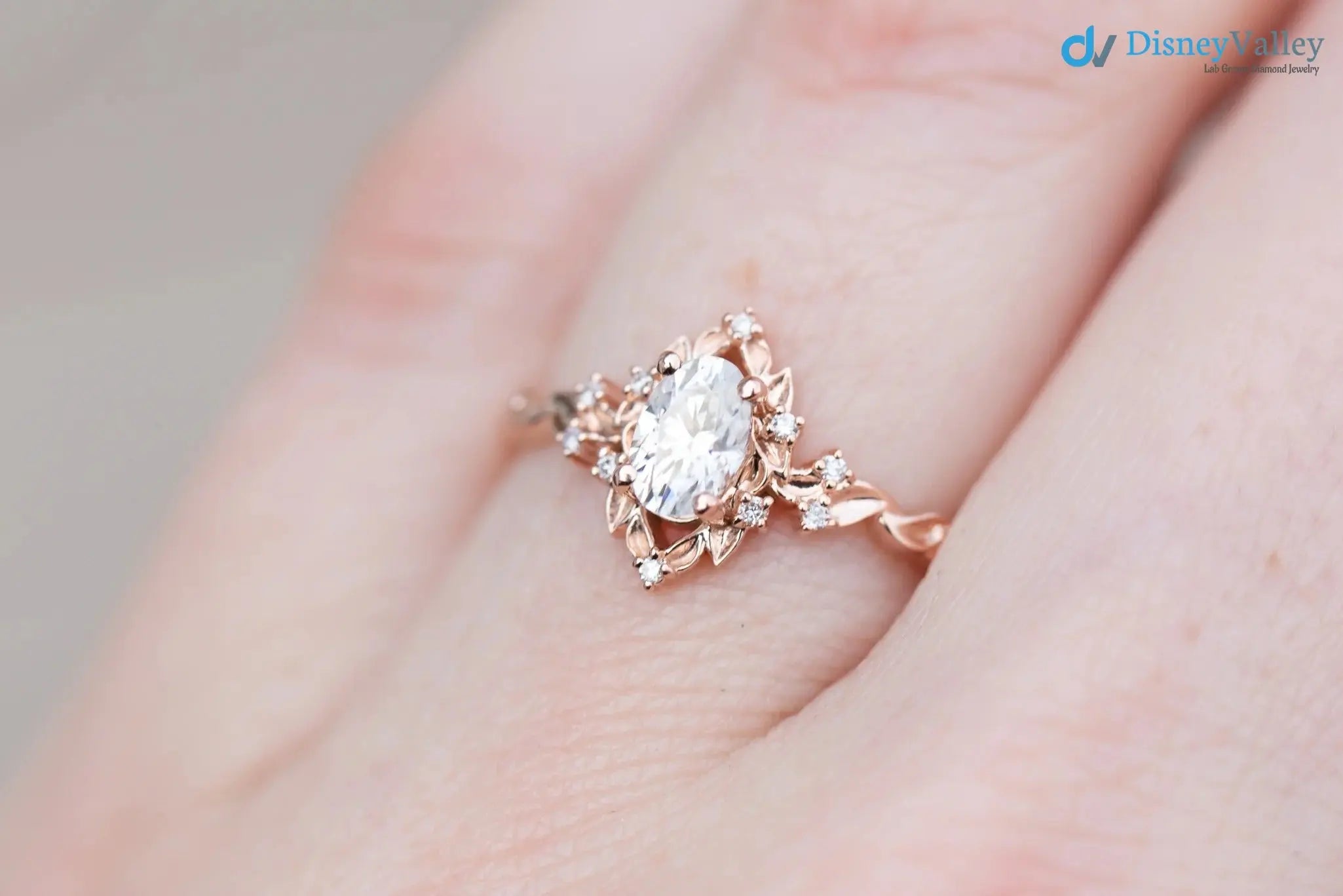 Oval Cut Lab Grown Diamond with Rose Floral Halo wedding rings DisneyValley