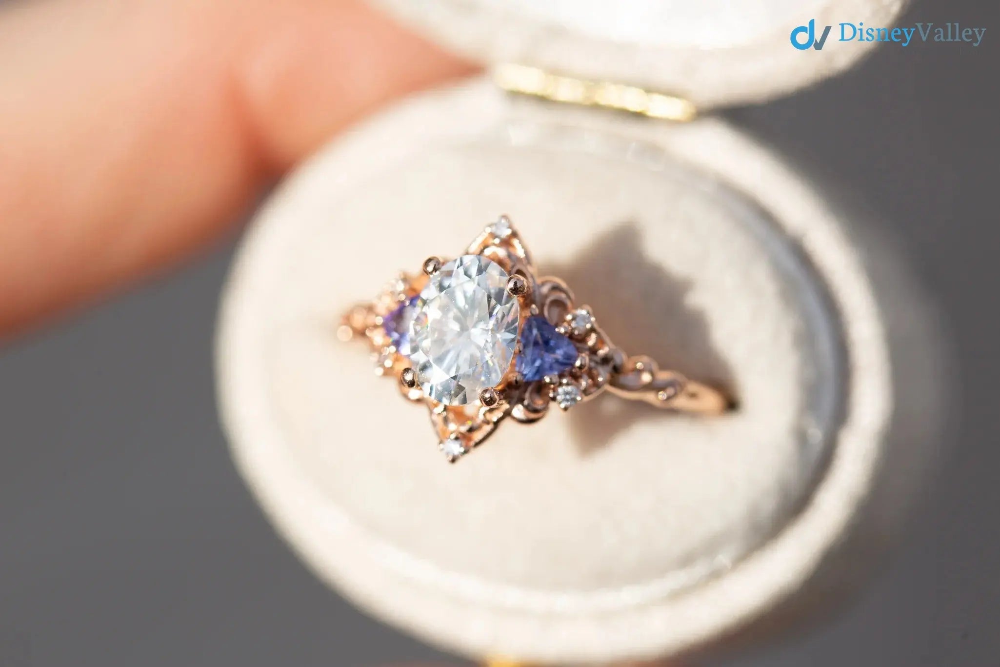 Oval Cut Lab Grown Diamond with Rose Floral Halo wedding rings DisneyValley