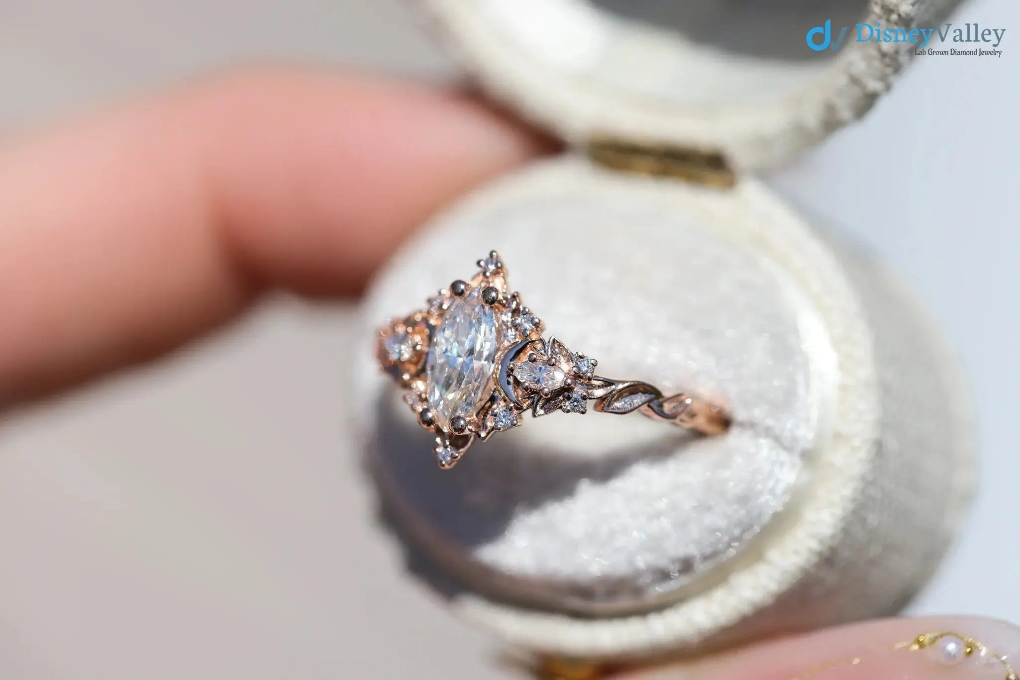 Oval Cut Lab Grown Diamond with Rose Floral Halo wedding rings DisneyValley