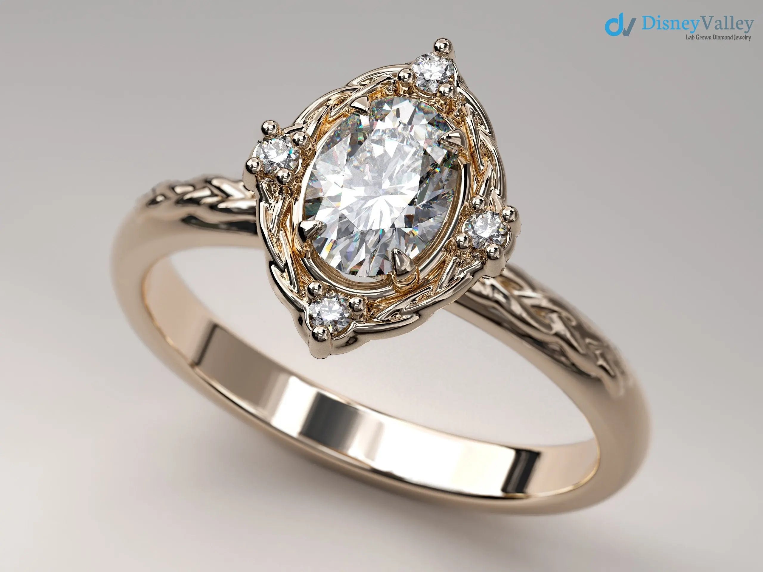 Oval Cut Lab Grown with 4 Lab Diamonds Braided Vintage Halo Engagement Ring - DisneyValley