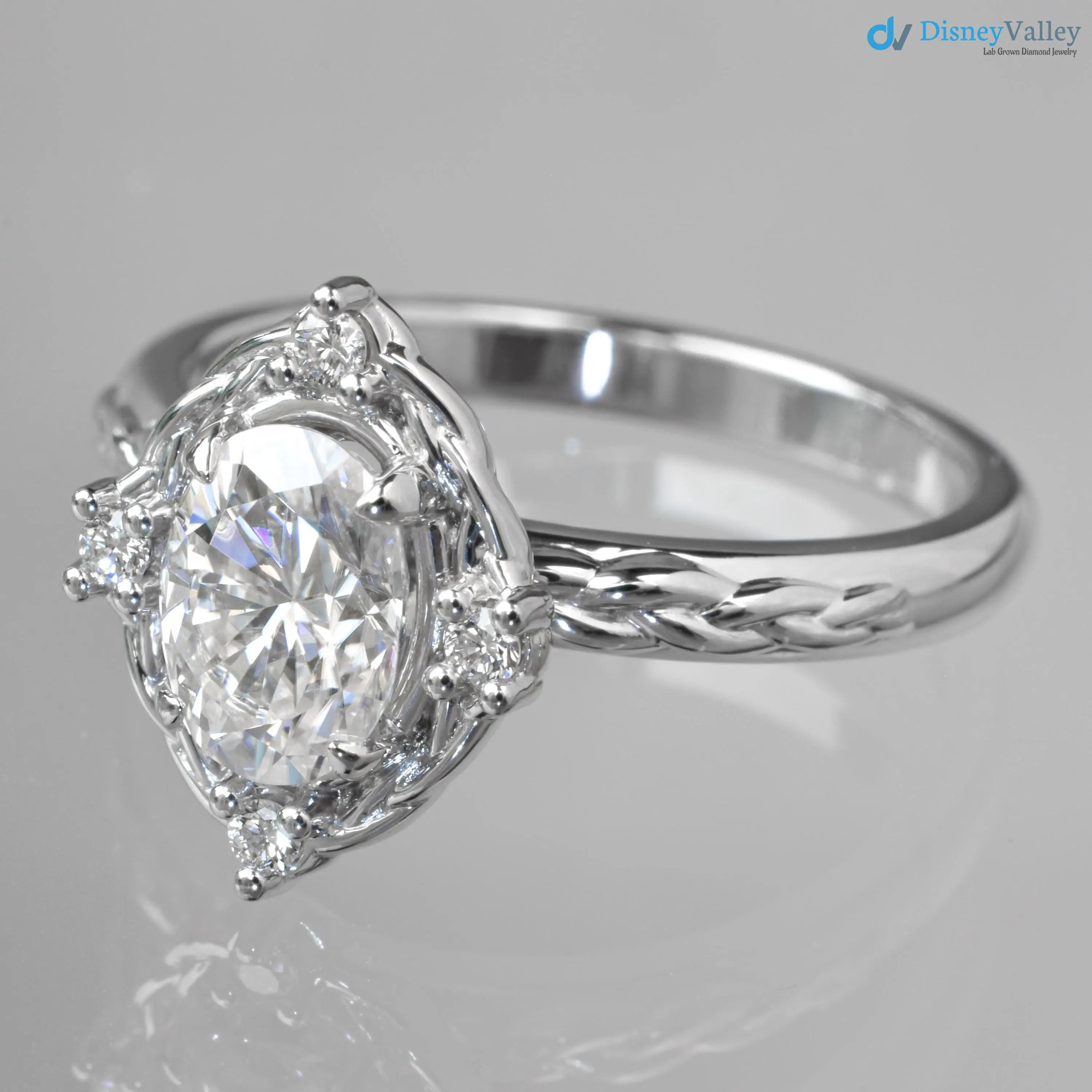 Oval Cut Lab Grown with 4 Lab Diamonds Braided Vintage Halo Engagement Ring - DisneyValley
