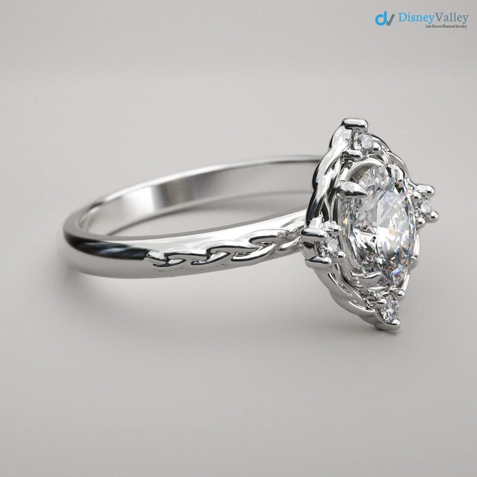 Oval Cut Lab Grown with 4 Lab Diamonds Braided Vintage Halo Engagement Ring - DisneyValley