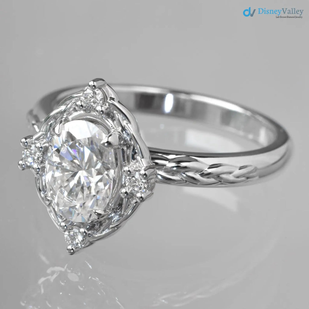 Oval Cut Lab Grown with 4 Lab Diamonds Braided Vintage Halo Engagement Ring - DisneyValley