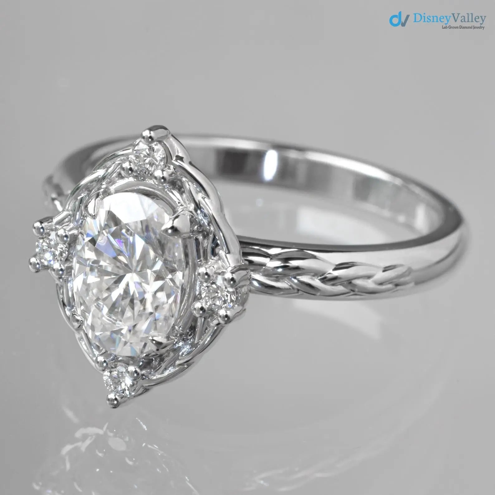 Oval Cut Lab Grown with 4 Lab Diamonds Braided Vintage Halo Engagement Ring - DisneyValley