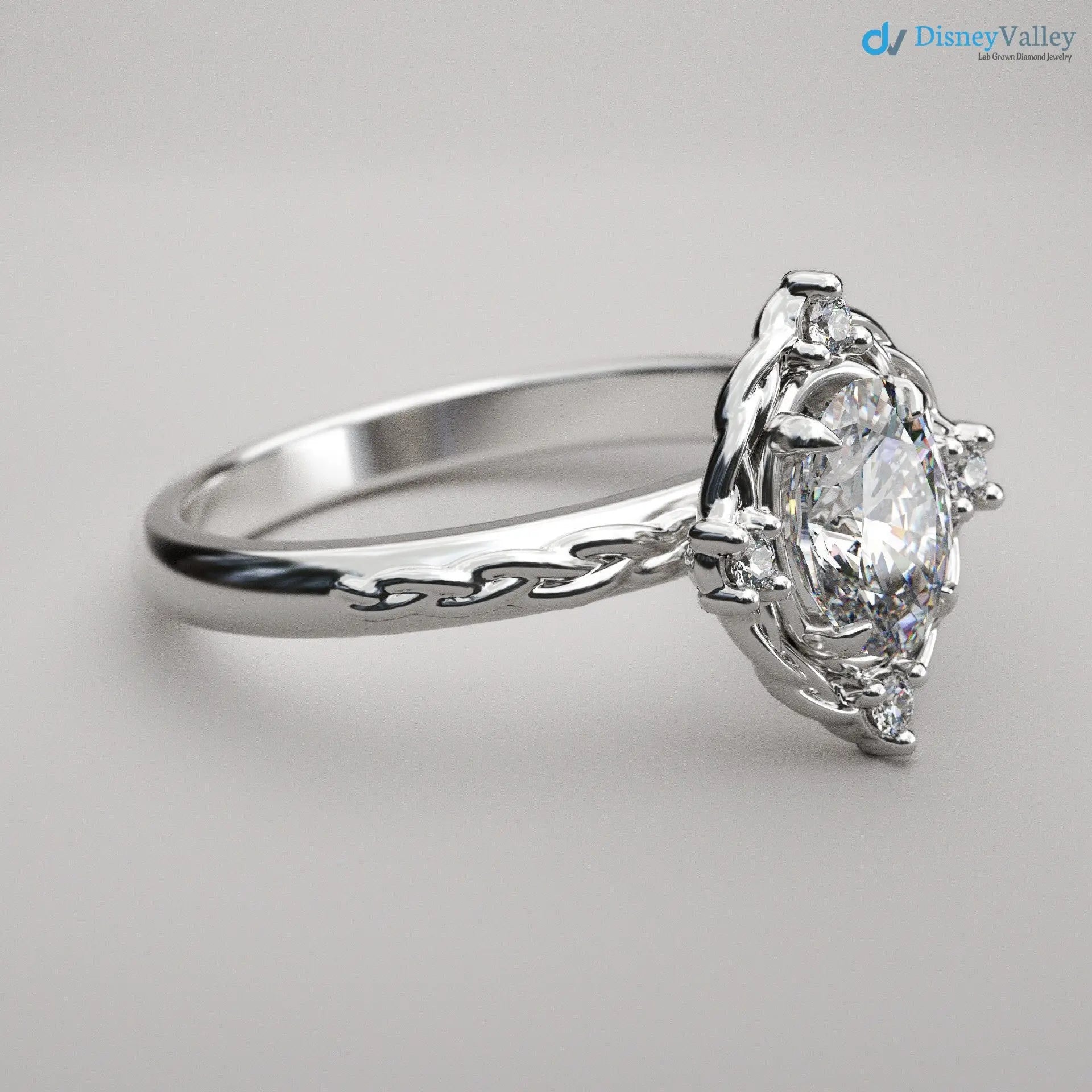Oval Cut Lab Grown with 4 Lab Diamonds Braided Vintage Halo Engagement Ring - DisneyValley