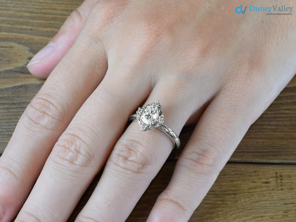 Oval Cut Lab Grown with 4 Lab Diamonds Braided Vintage Halo Engagement Ring - DisneyValley