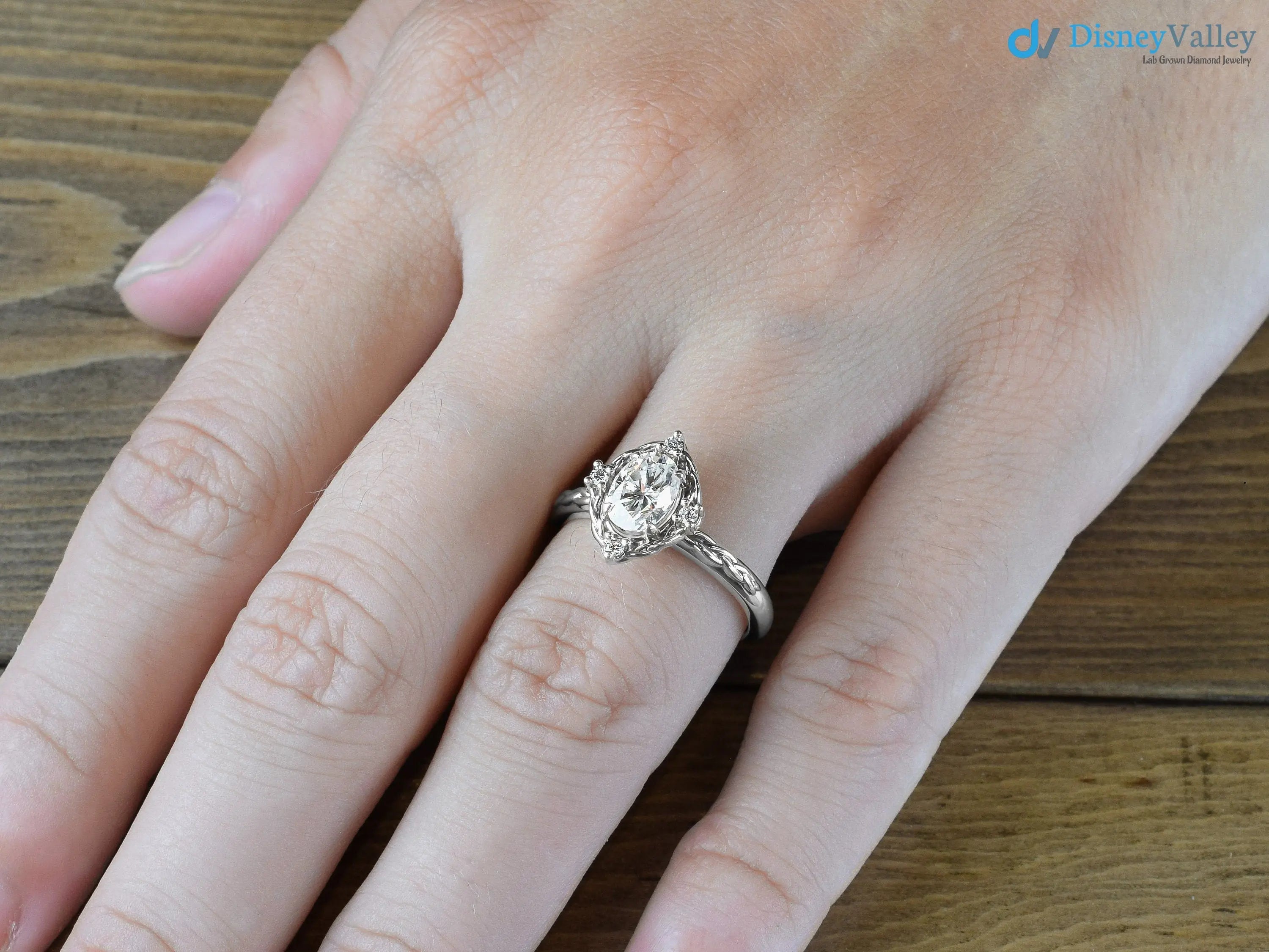 Oval Cut Lab Grown with 4 Lab Diamonds Braided Vintage Halo Engagement Ring - DisneyValley