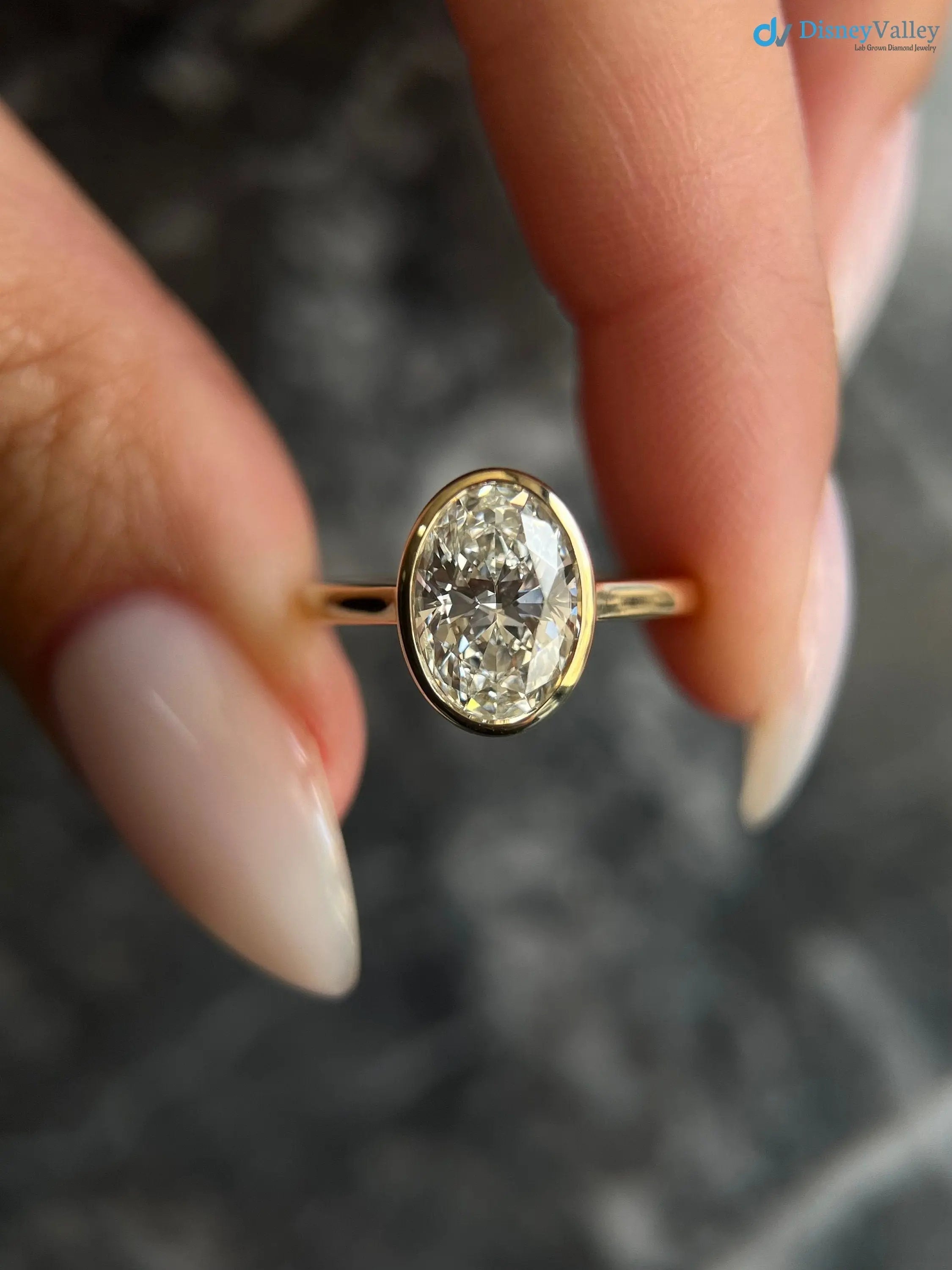 Oval IGI Certified Lab Grown Diamond Bezel Set Solitaire Engagement Ring - DisneyValley