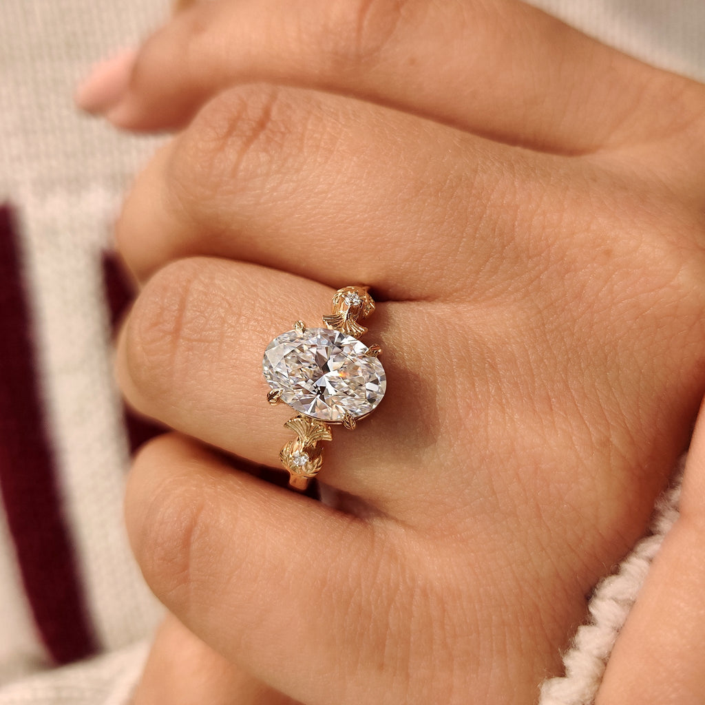 Nature Inspired Oval Diamond Ring in Leaf Style Prong