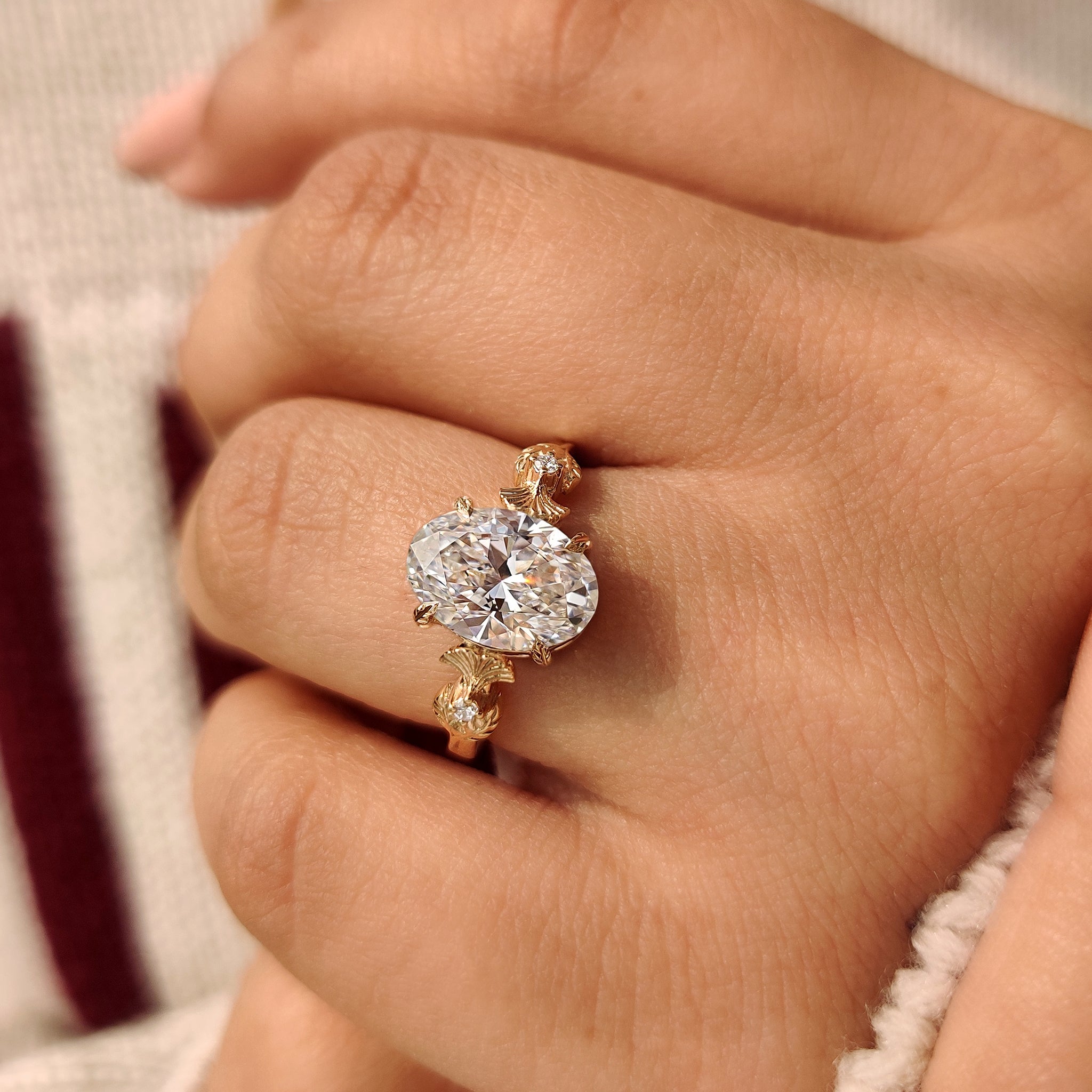 Nature Inspired Oval Diamond Ring in Leaf Style Prong