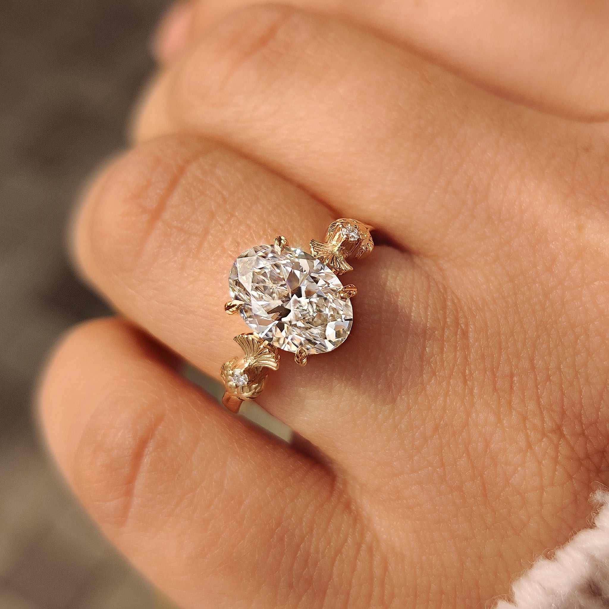 Nature Inspired Oval Diamond Ring in Leaf Style Prong