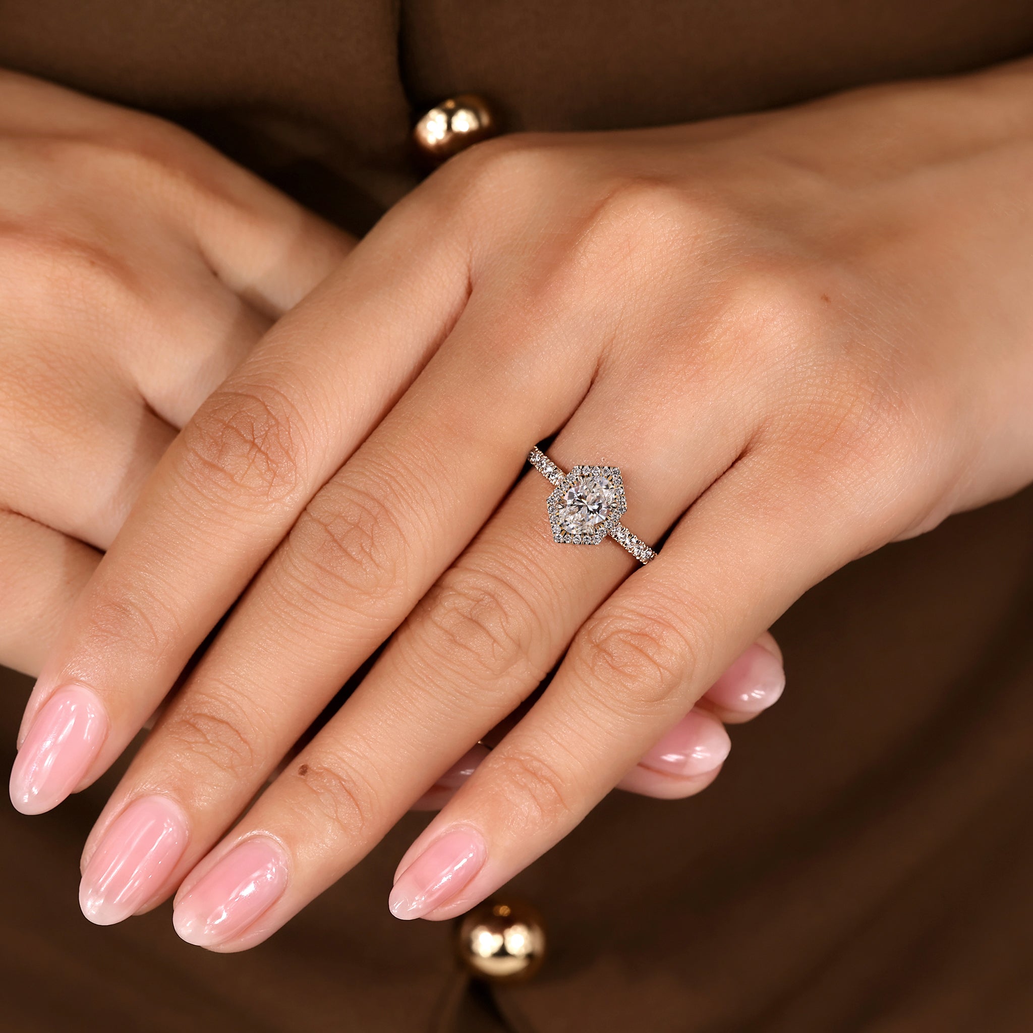 Oval Engagement Ring with Round Cut Hexagon Shape Halo Setting