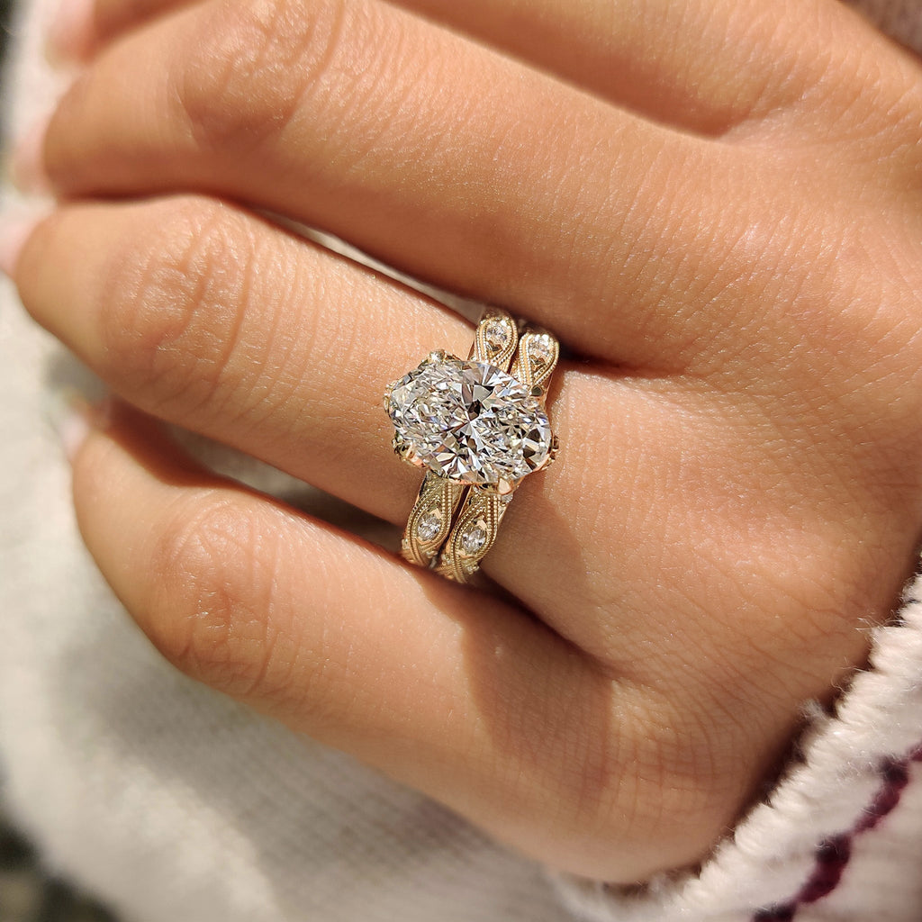 Oval Cut Ring with Eternity Band Vintage Bridal Set in Milgrain Details