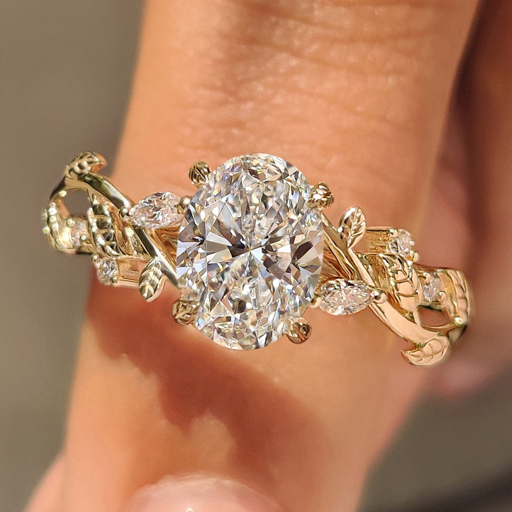 Nature Inspired Oval Diamond Ring with Leaf Style Prong Setting