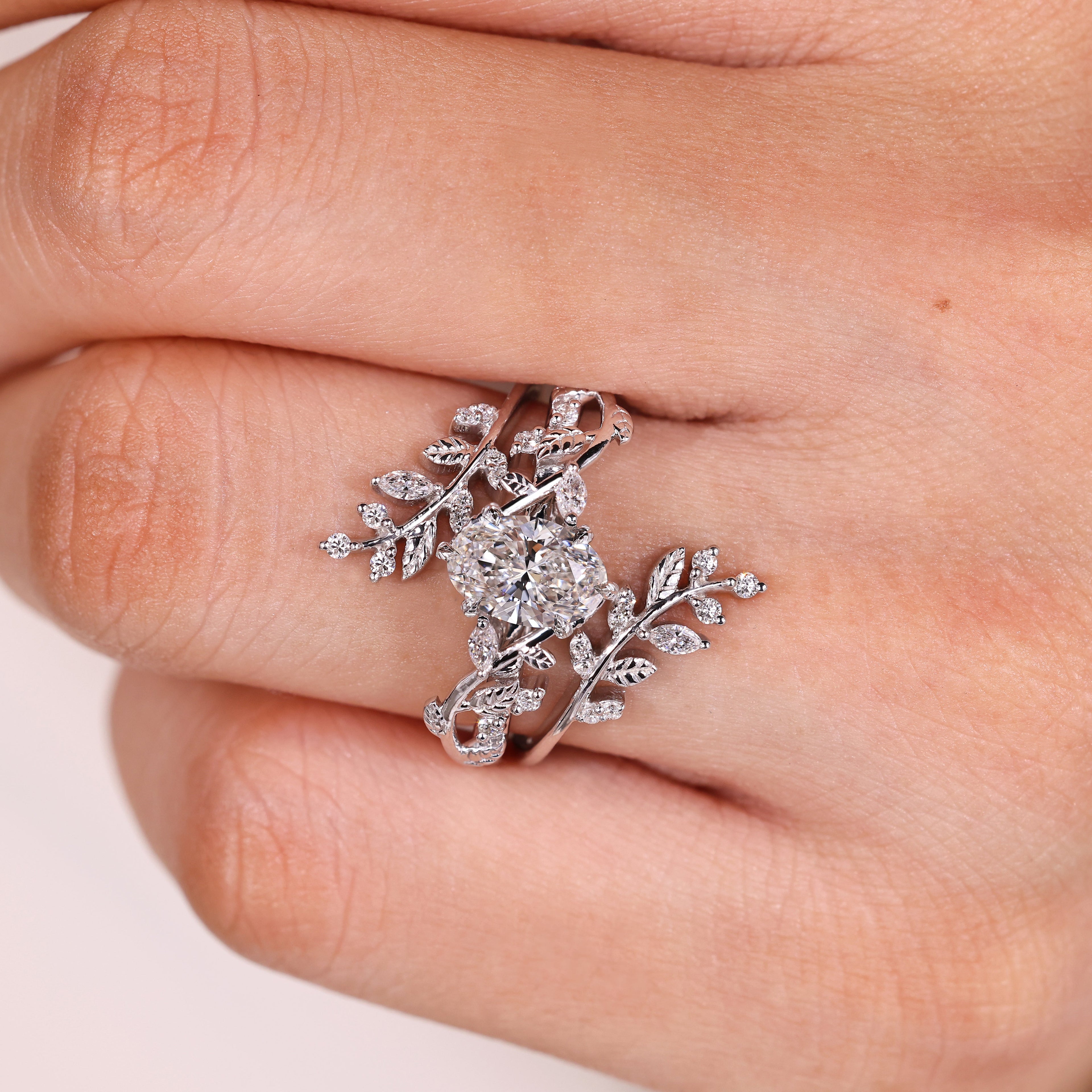 Oval Engagement Ring with Wedding Band in Nature Inspired Style