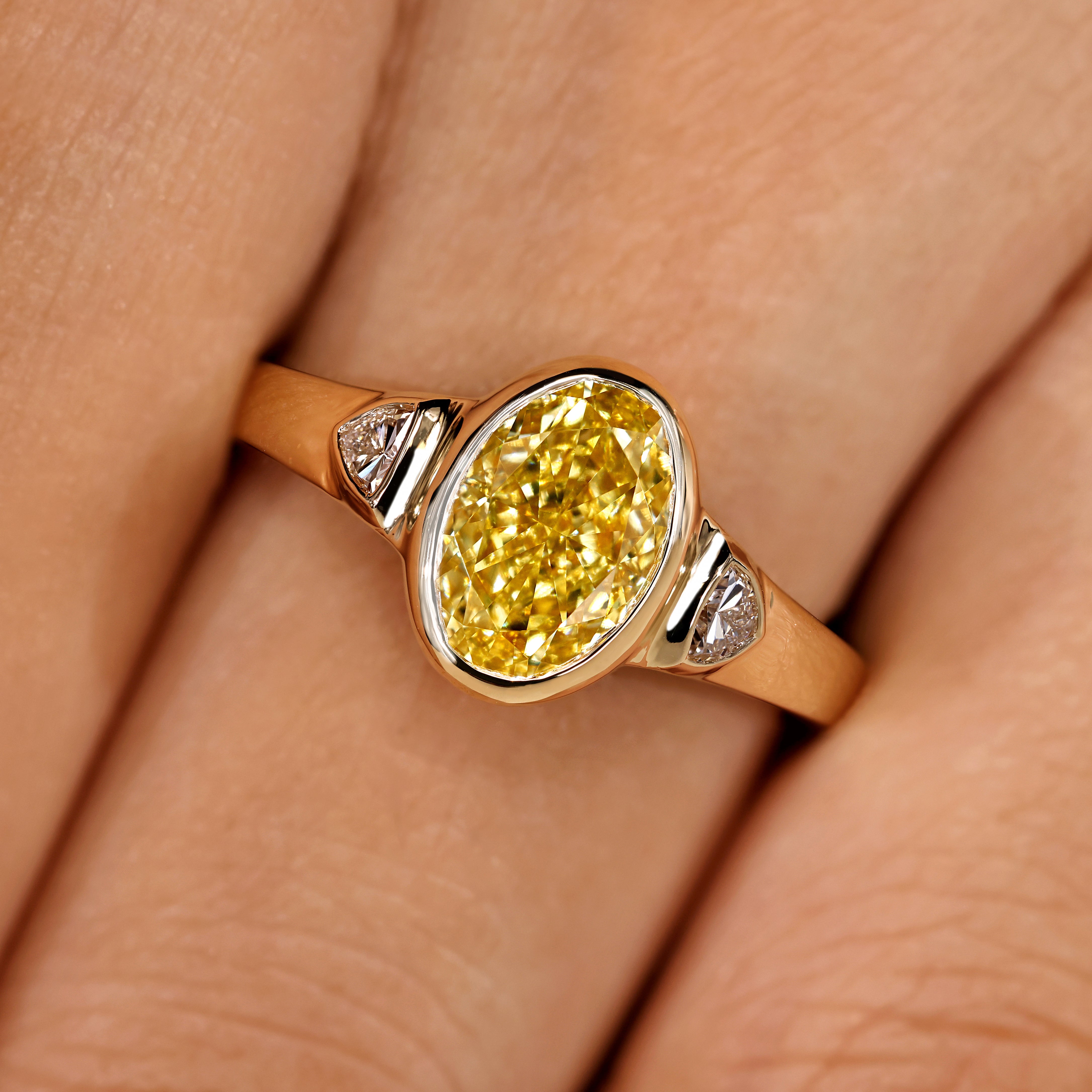 Three Stone Yellow Oval Cut Engagement Ring With Trillion Side Stone Secondary image