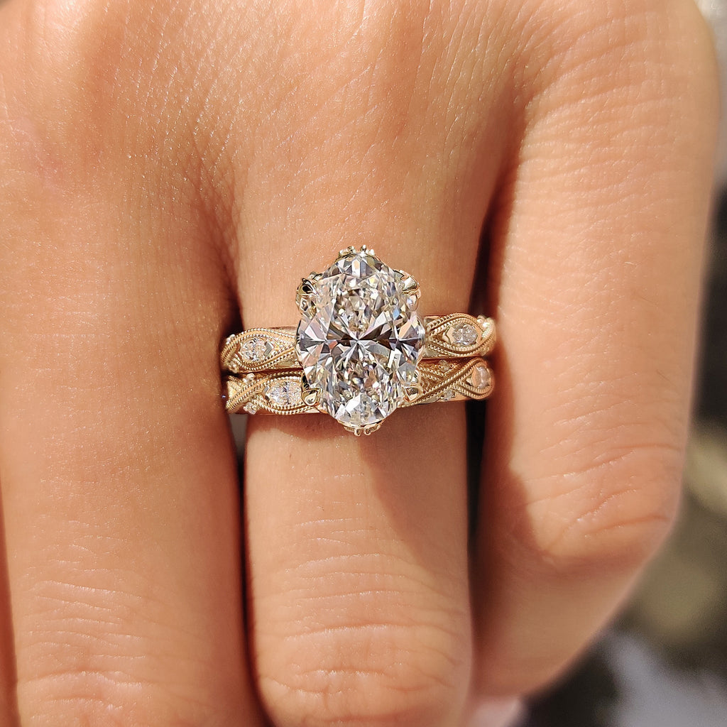 Oval Cut Ring with Eternity Band Vintage Bridal Set in Milgrain Details