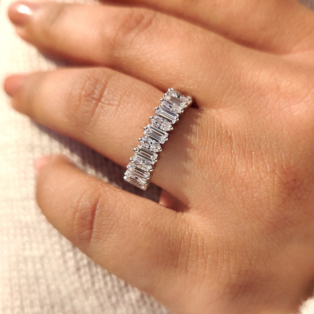 Baguette and Oval Half Eternity Band in Tapered Shank