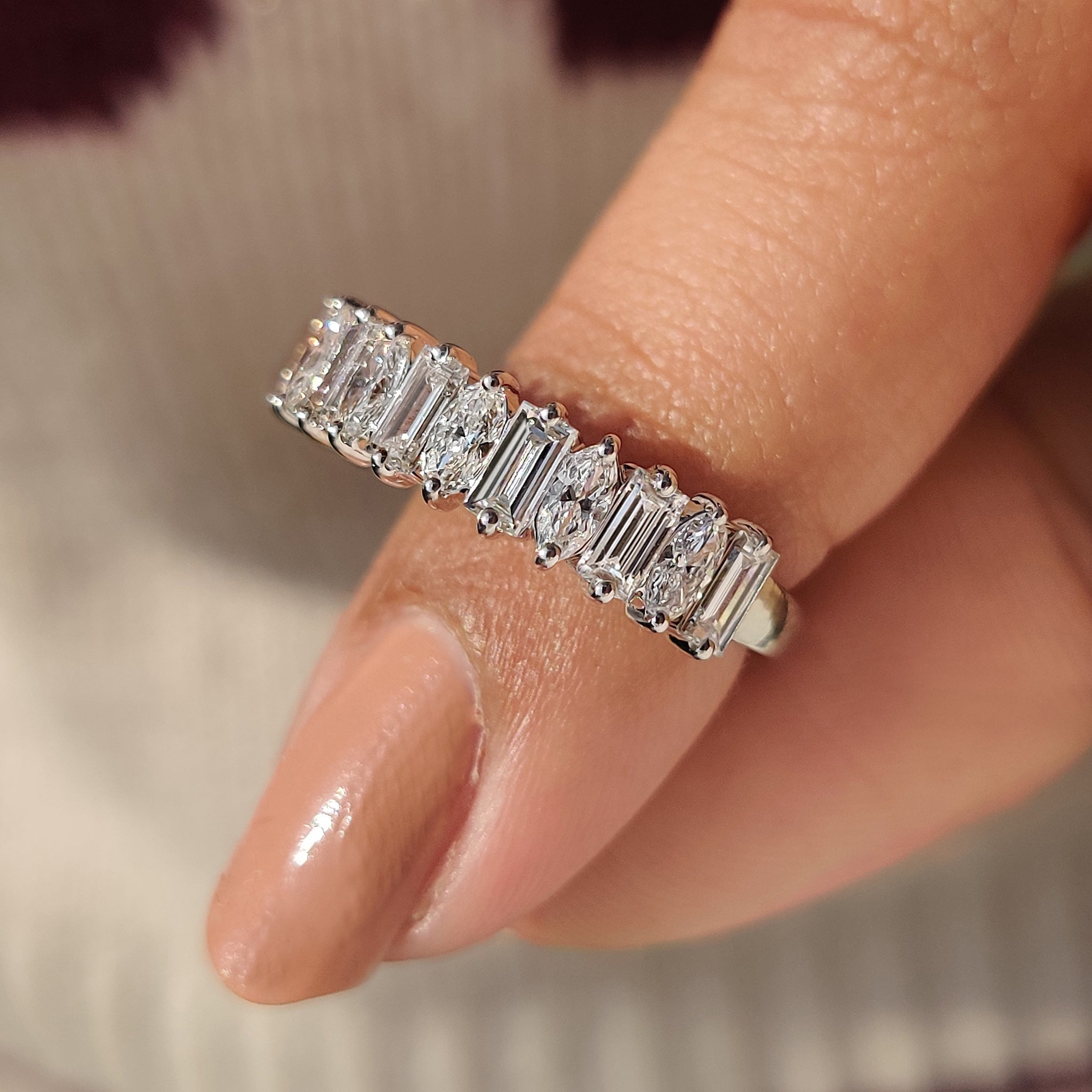 Baguette and Oval Half Eternity Band in Tapered Shank