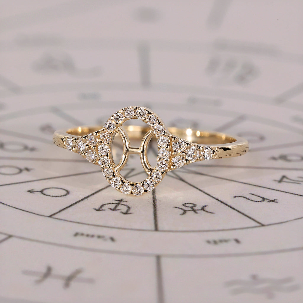 Yellow Gold Pisces Ring In Halo Style
