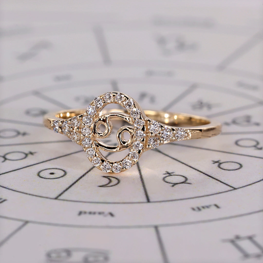 Yellow Gold Cancer Ring With Round Side Stone