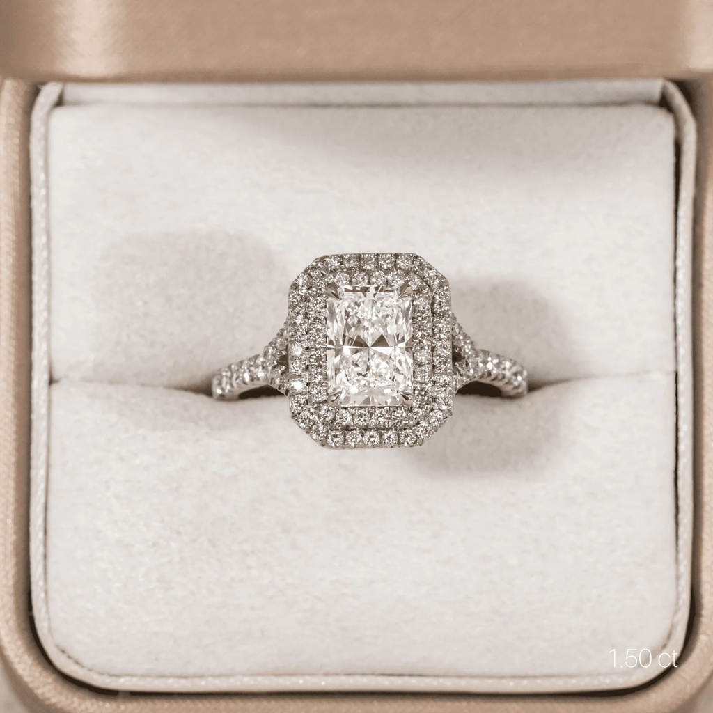 1.50 CT Radiant Cut Moissanite Halo & Pave Style Engagement Ring