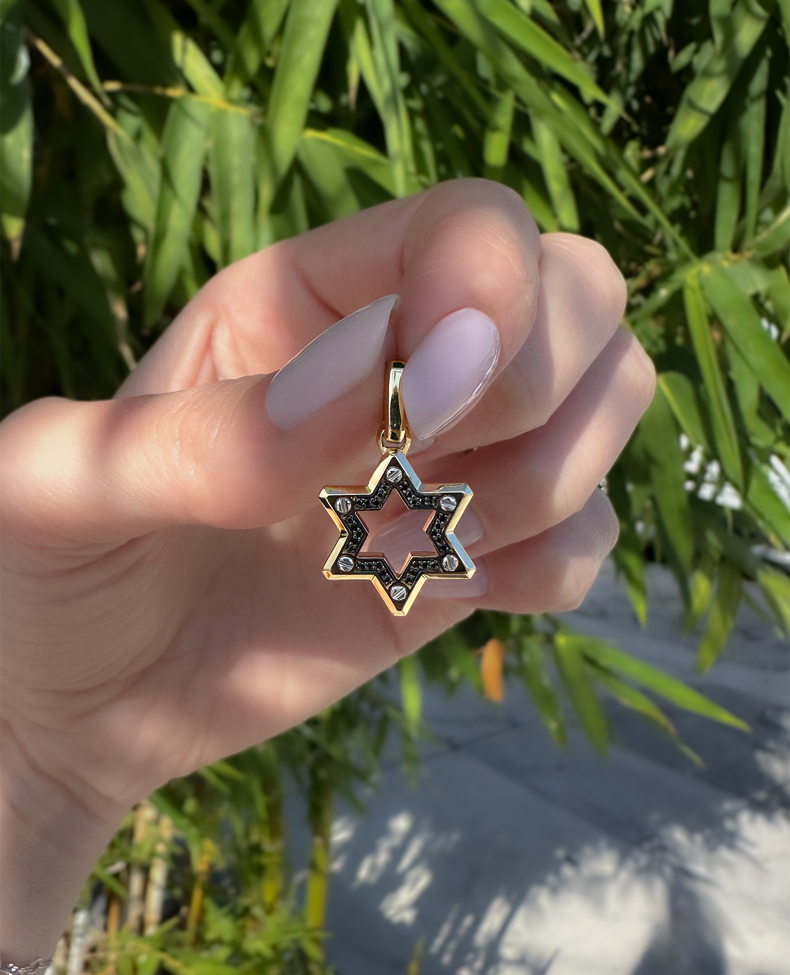 STAR OF DAVID Two-Tone Gold Pendant with Black Diamonds
