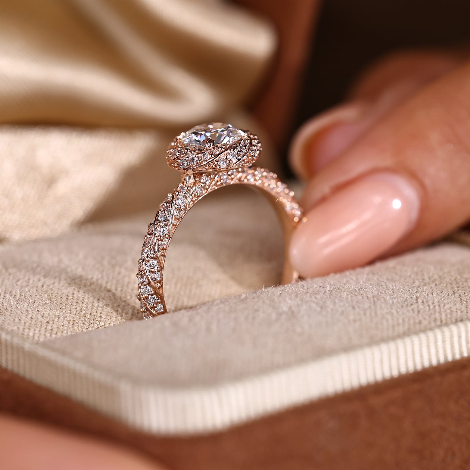Round Cut Diamond Ring in Halo Style with Twisted Design