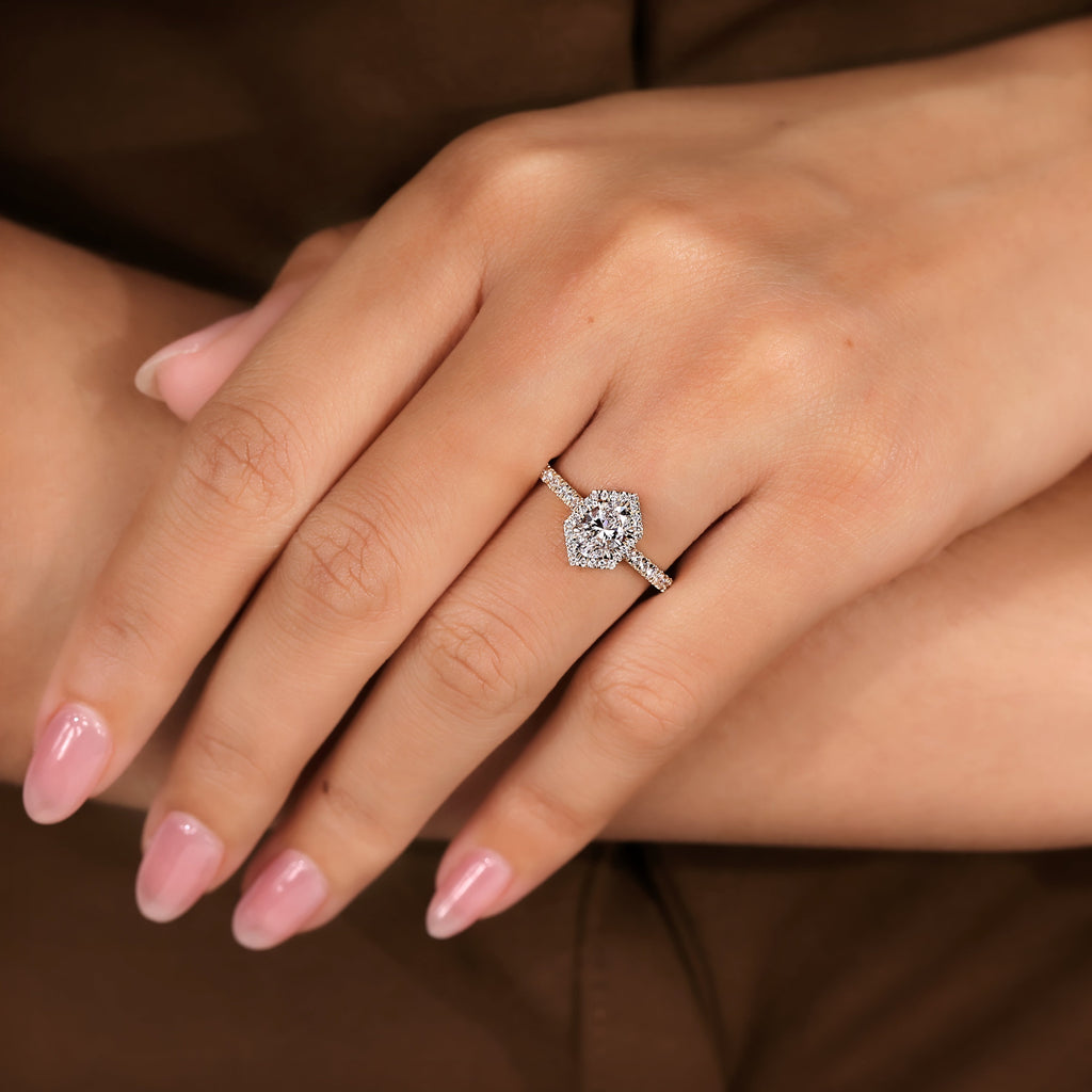 Oval Diamond Ring - Hexagon Halo Style