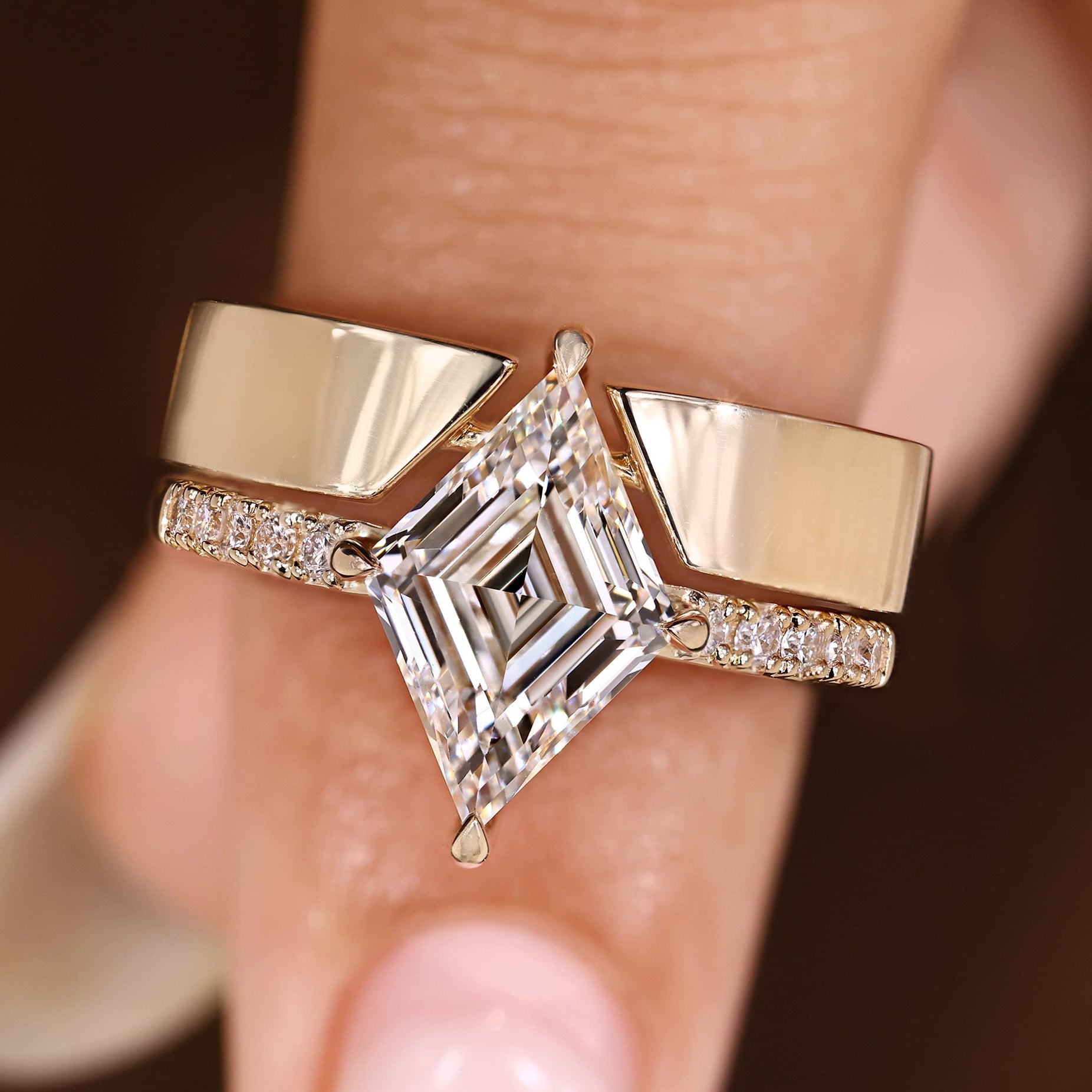 Lozenge Cut Pave Engagement Ring with Stackable Wedding Band