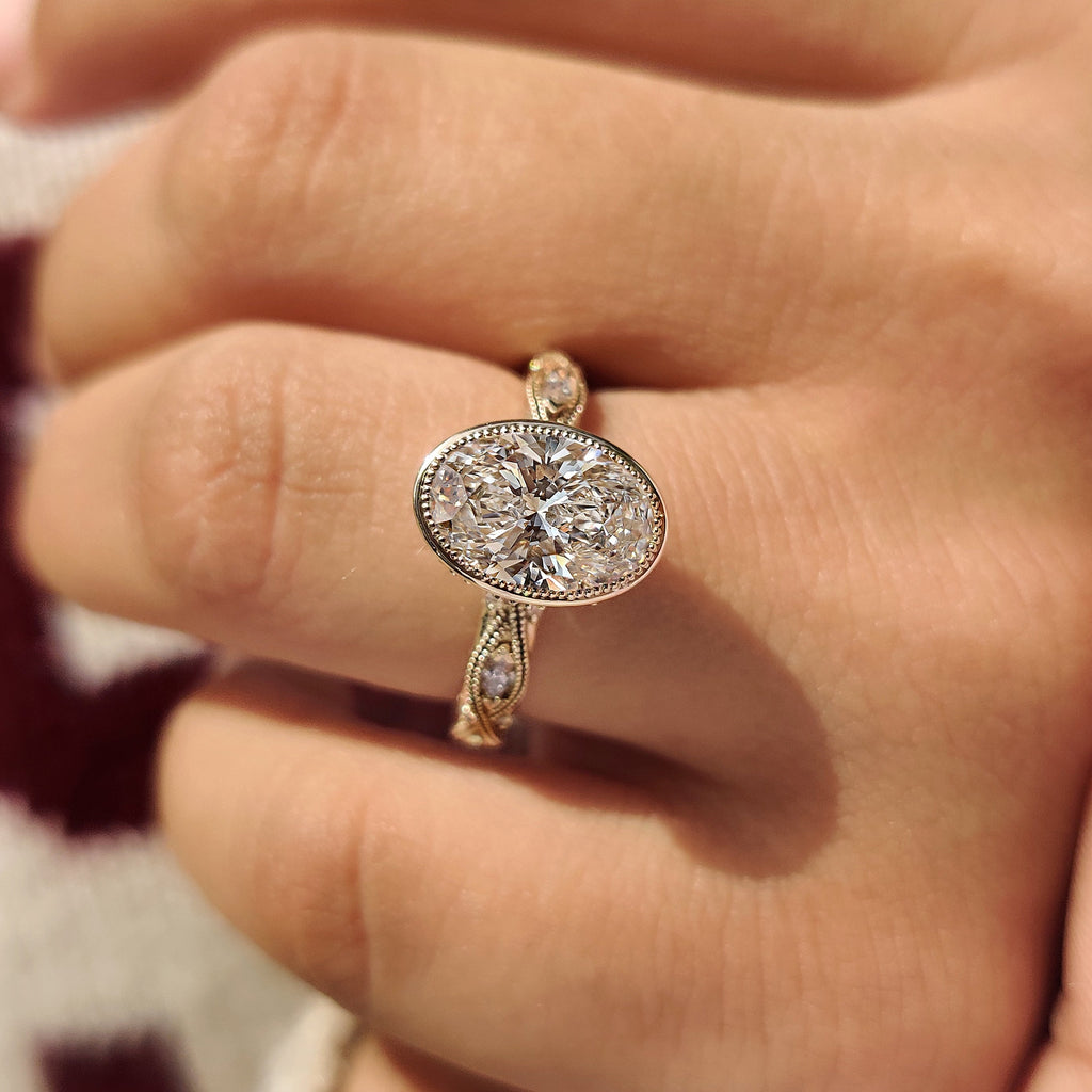 Oval Bezel Engagement Ring with Milgrain
