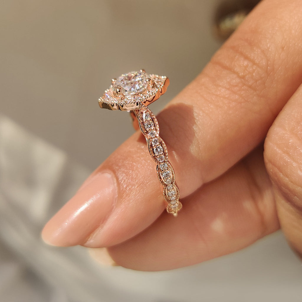 Portuguese Cut Diamond Ring in Milgrain Vintage Style