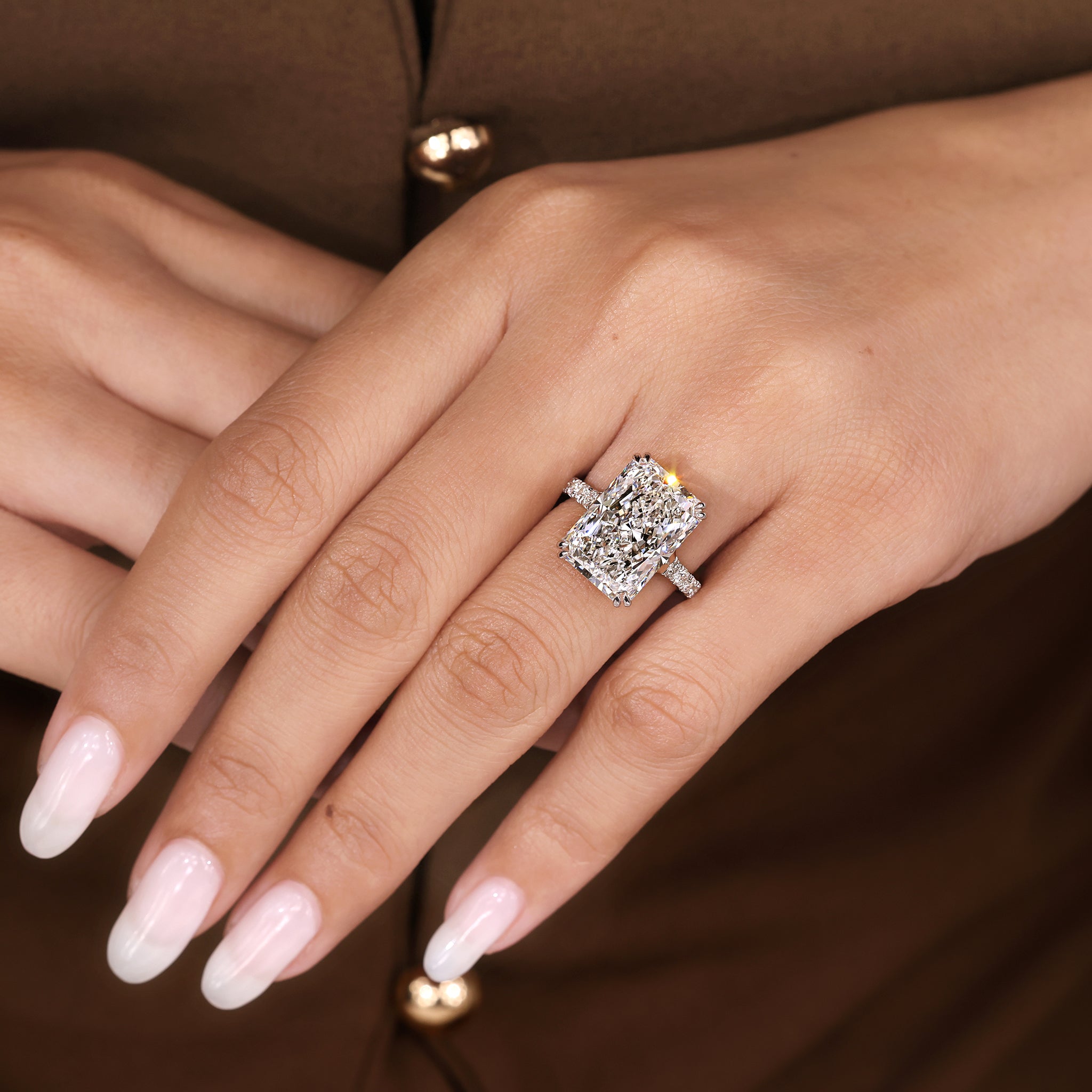 IGI Certified 10 - 12 Carat Radiant Cut Diamond Ring in Trellis Setting