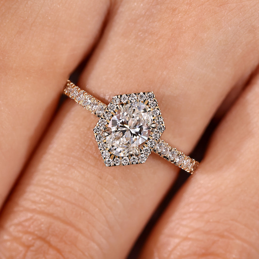Oval Diamond Ring - Hexagon Halo Style