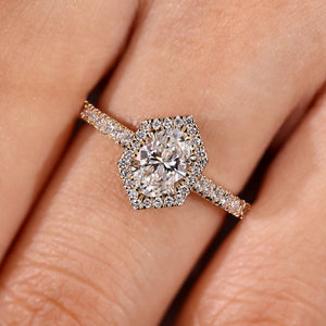Oval Diamond Ring - Hexagon Halo Style