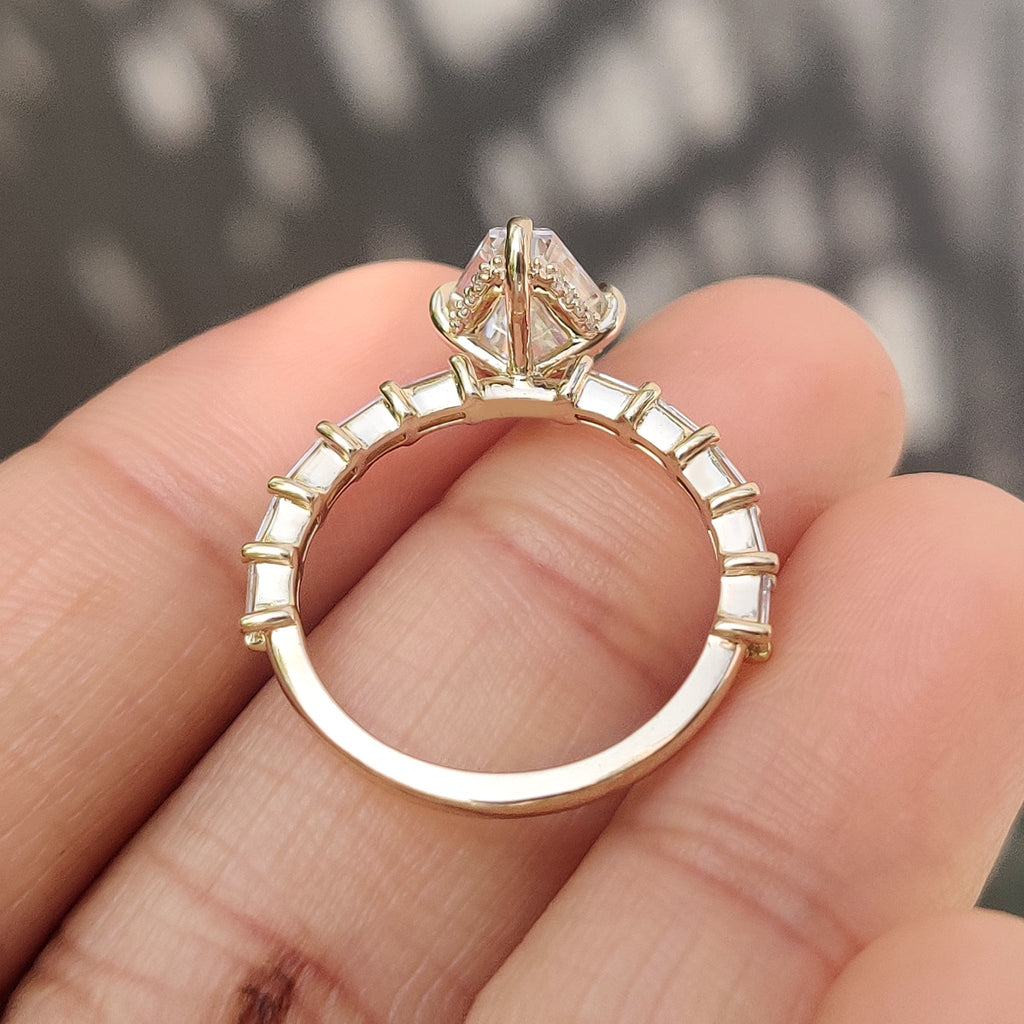 Squashed Hexagon Step Cut Ring with Baguette Cut Pave Band