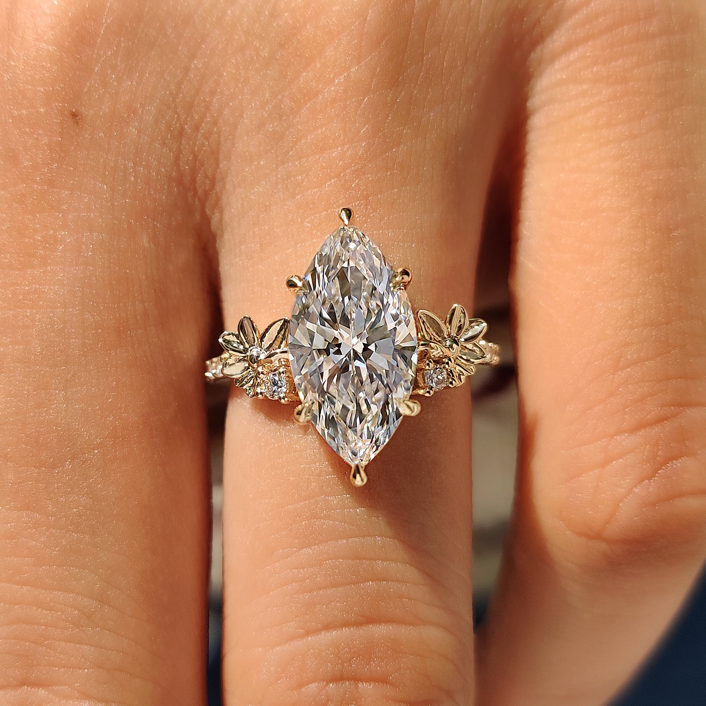 Nature Inspired Marquise Diamond Ring in Flower Detailing Secondary image
