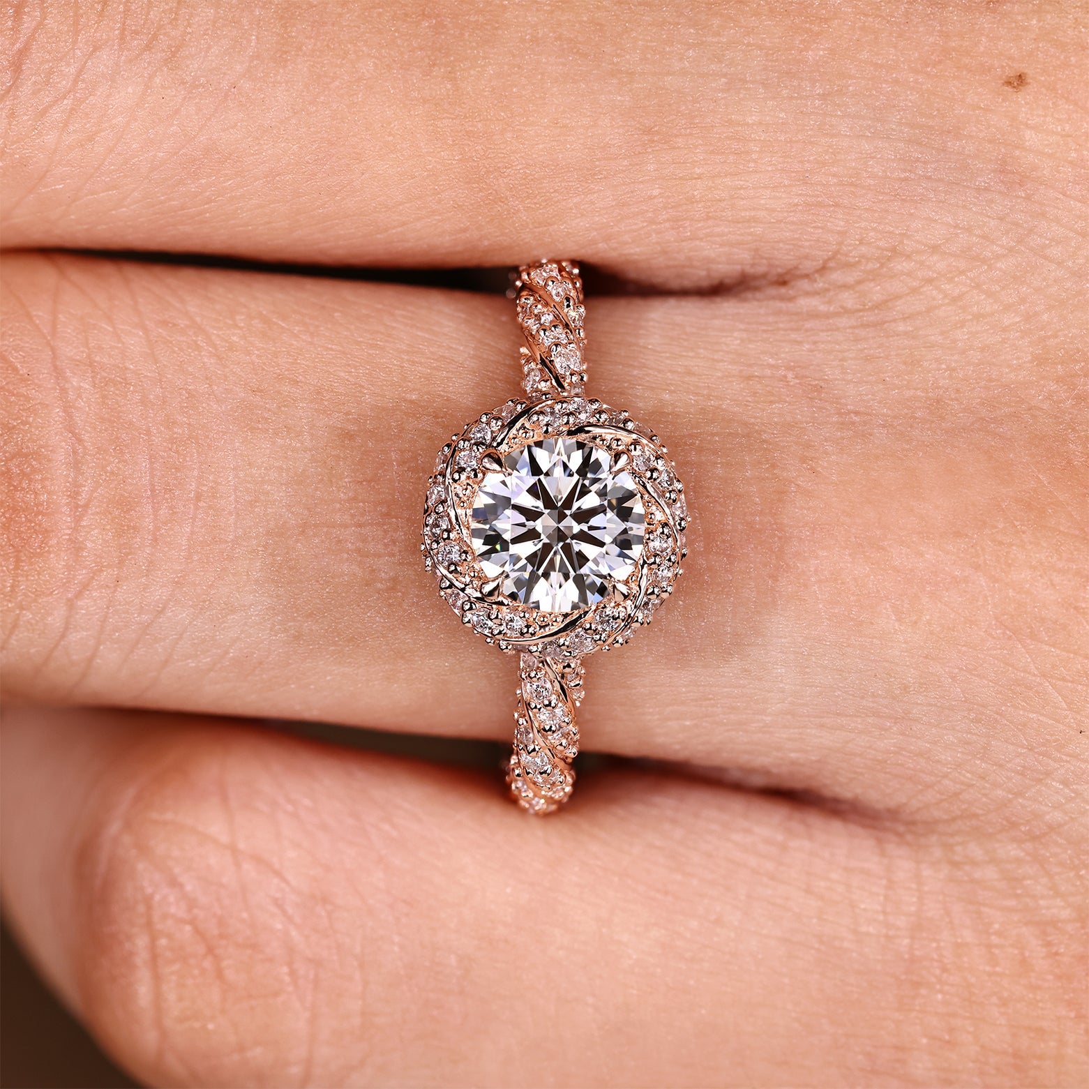Round Cut Diamond Ring in Halo Style with Twisted Design Secondary image