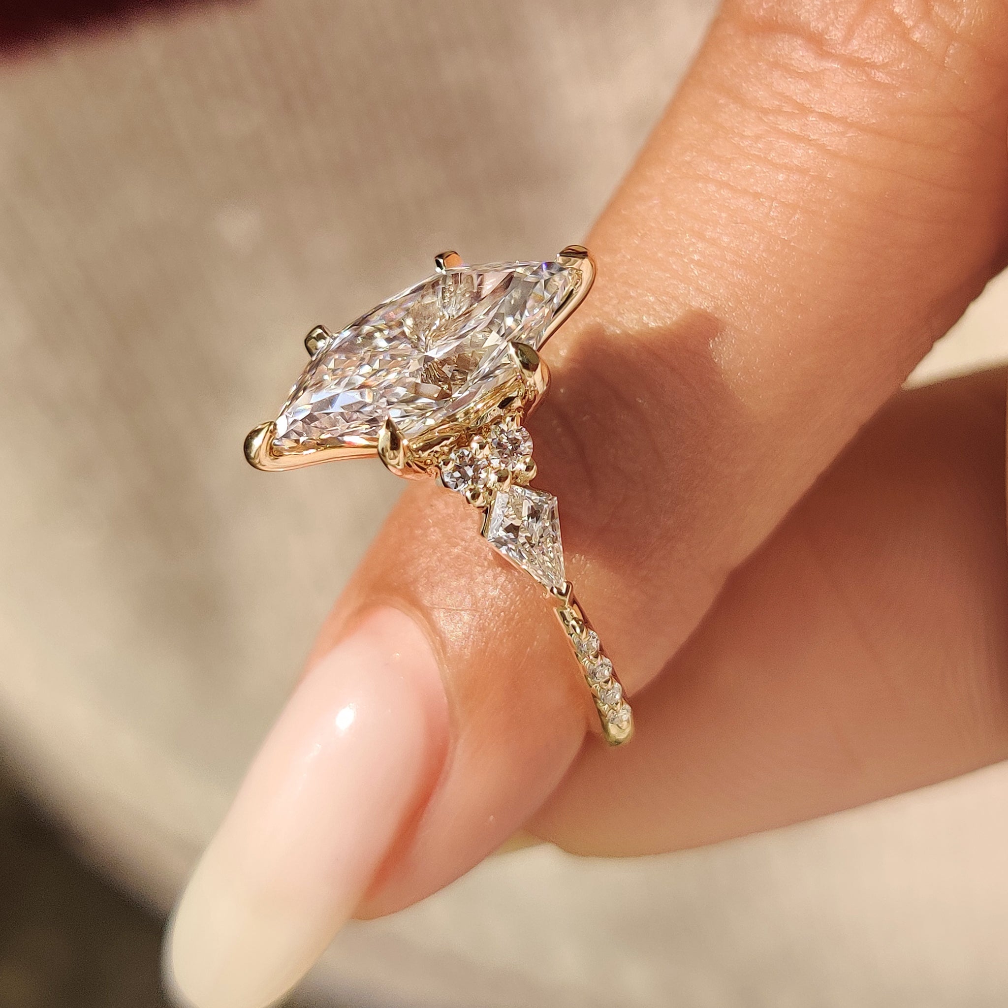 Dutch Marquise Ring with Kite and Round Side Stones