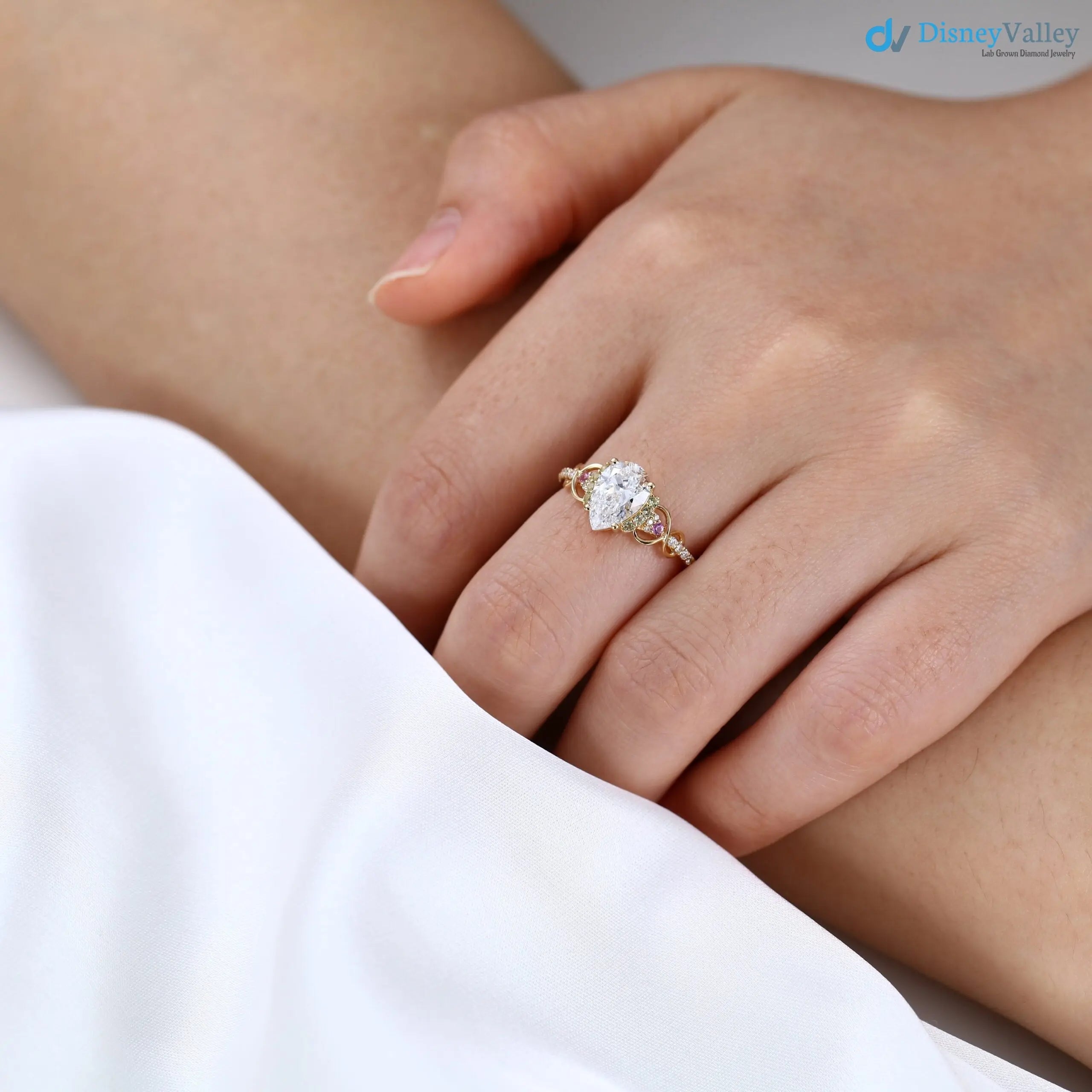 Pear Shaped Lab Grown Diamond Infinity Pink Sapphire wedding ring - DisneyValley