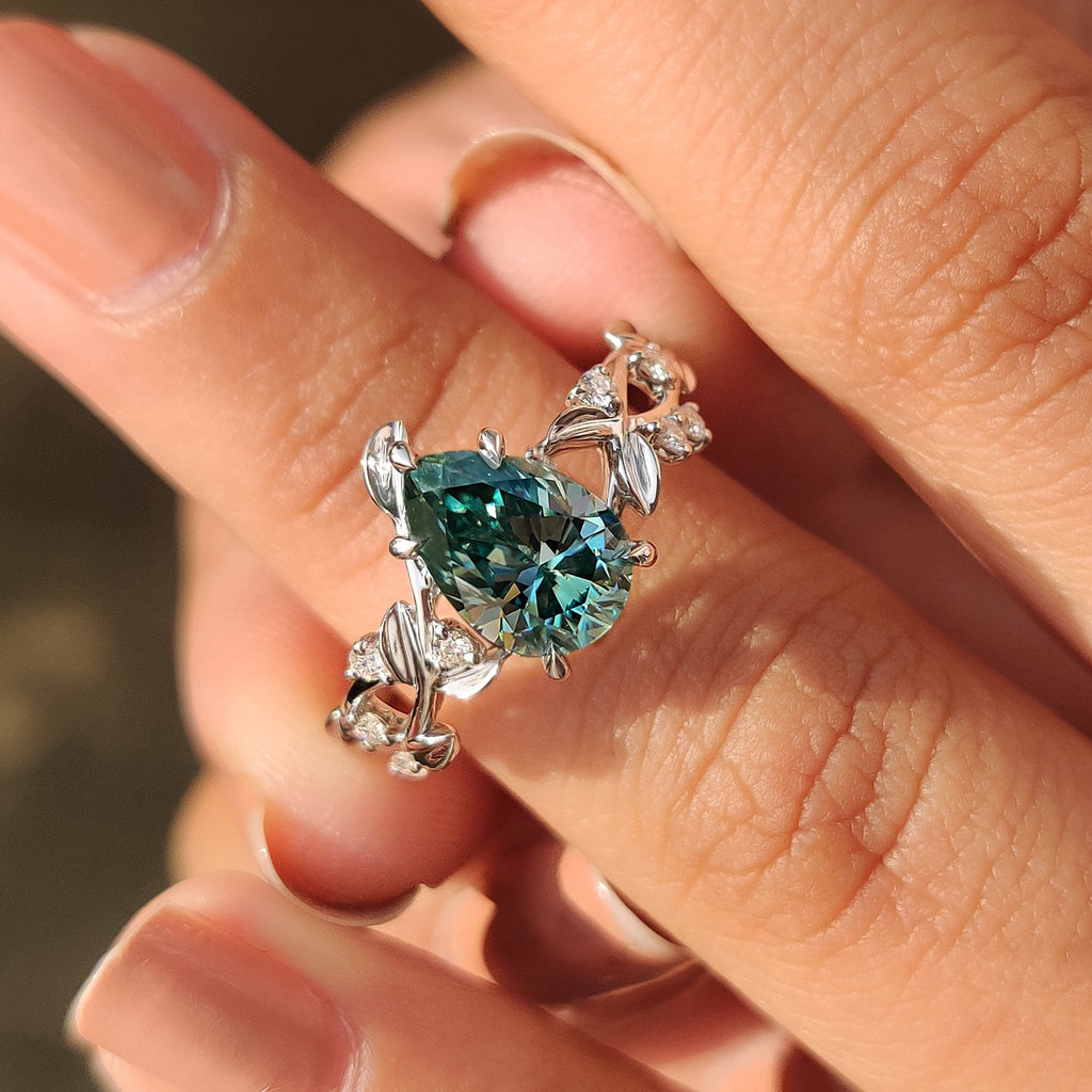 Cyan Blue Moissanite Pear Nature inspired Ring with Leaf Design