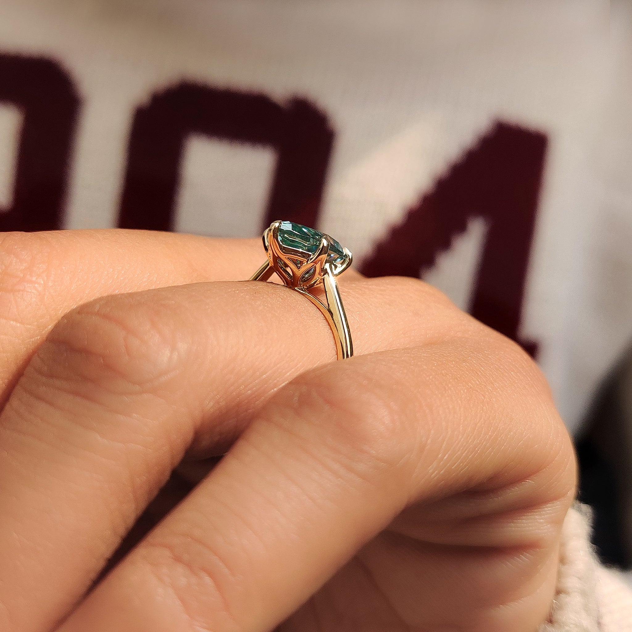 Cyan Blue Pear Cut Moissanite Ring in Solitaire Style