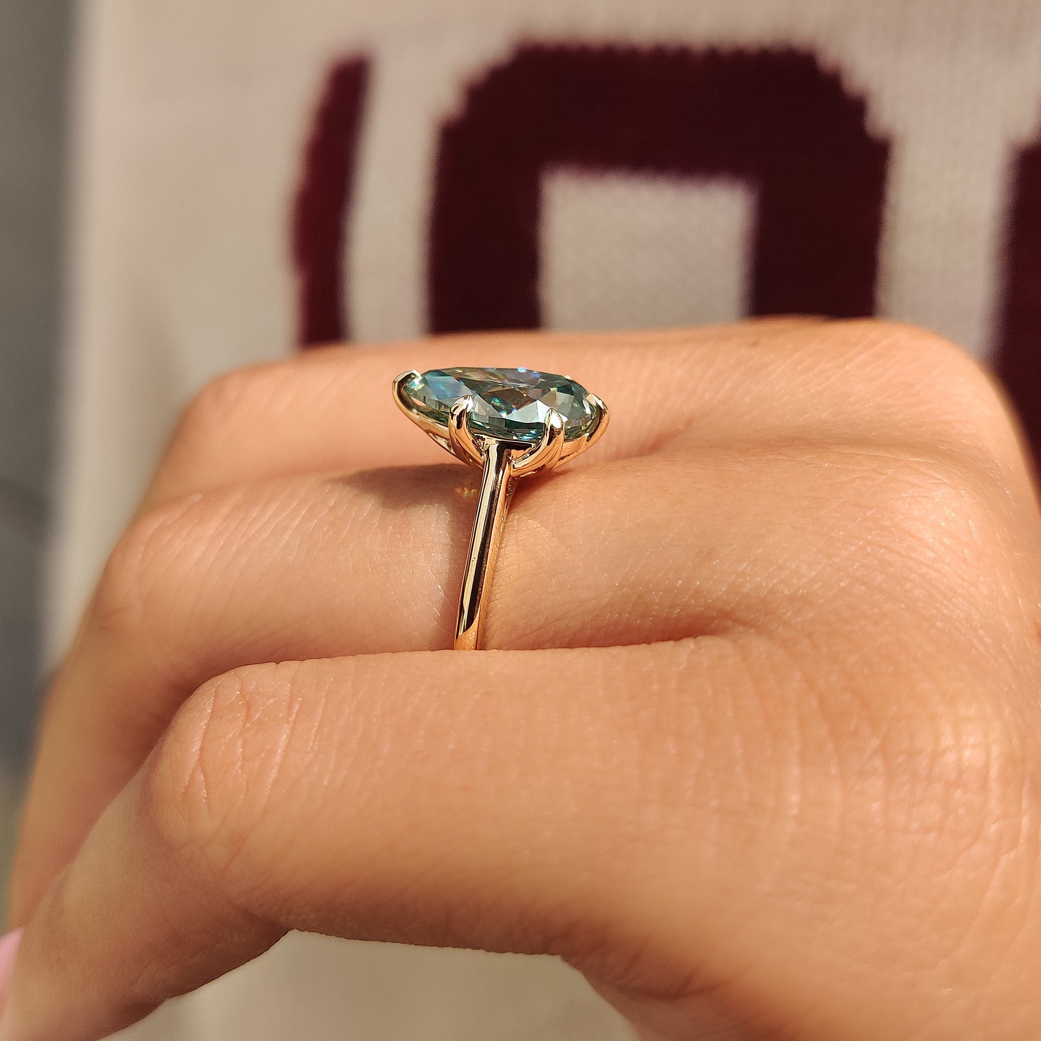 Cyan Blue Pear Cut Moissanite Ring in Solitaire Style