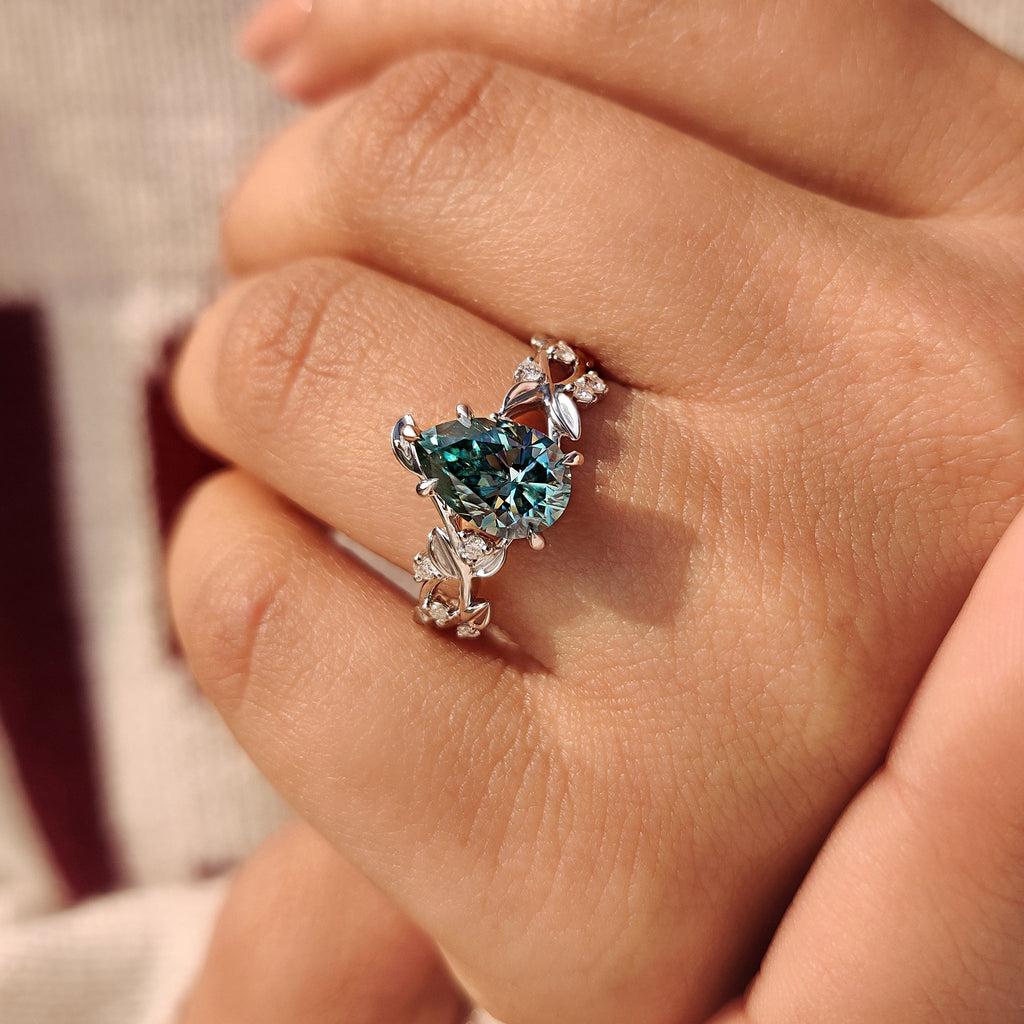 Cyan Blue Moissanite Pear Nature inspired Ring with Leaf Design