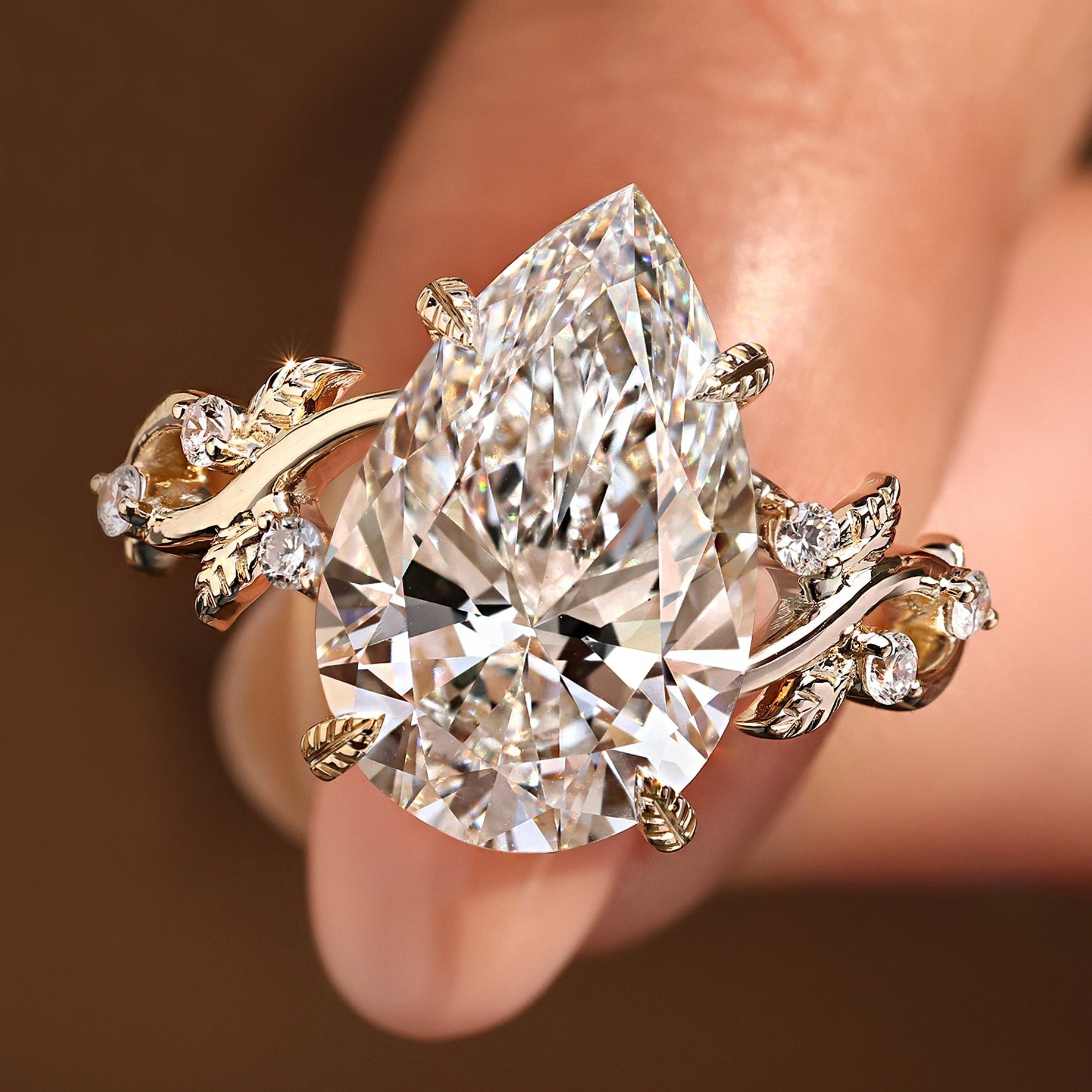 5 - 10 Carat IGI Certified Pear Cut Nature Inspired Engagement Ring